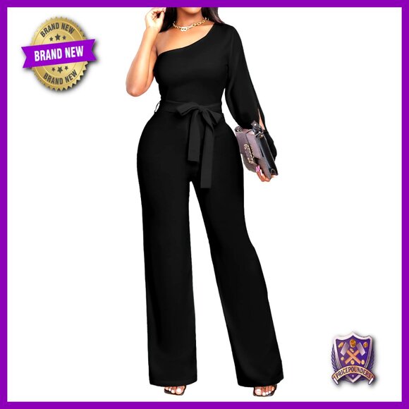 Elegant Off-Shoulder V-Neck Jumpsuit with Zipper Long Straight Pants